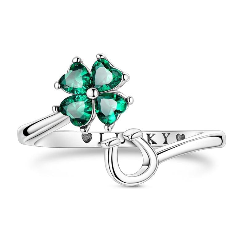 Lucky Charm Four-Leaf Clover & Horseshoe Adjustable Ring