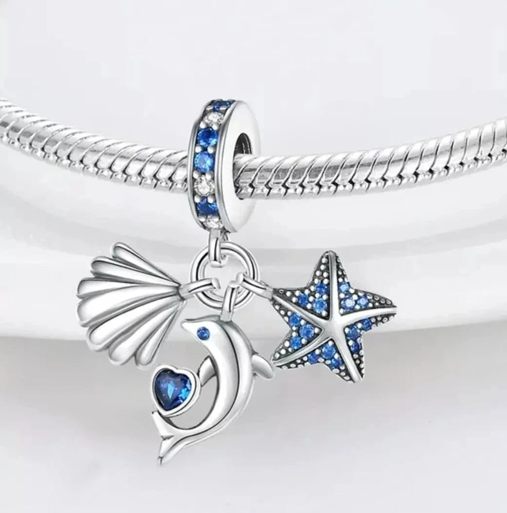 Ocean Fish Starfish and Seashell Triple Dangle Charm
