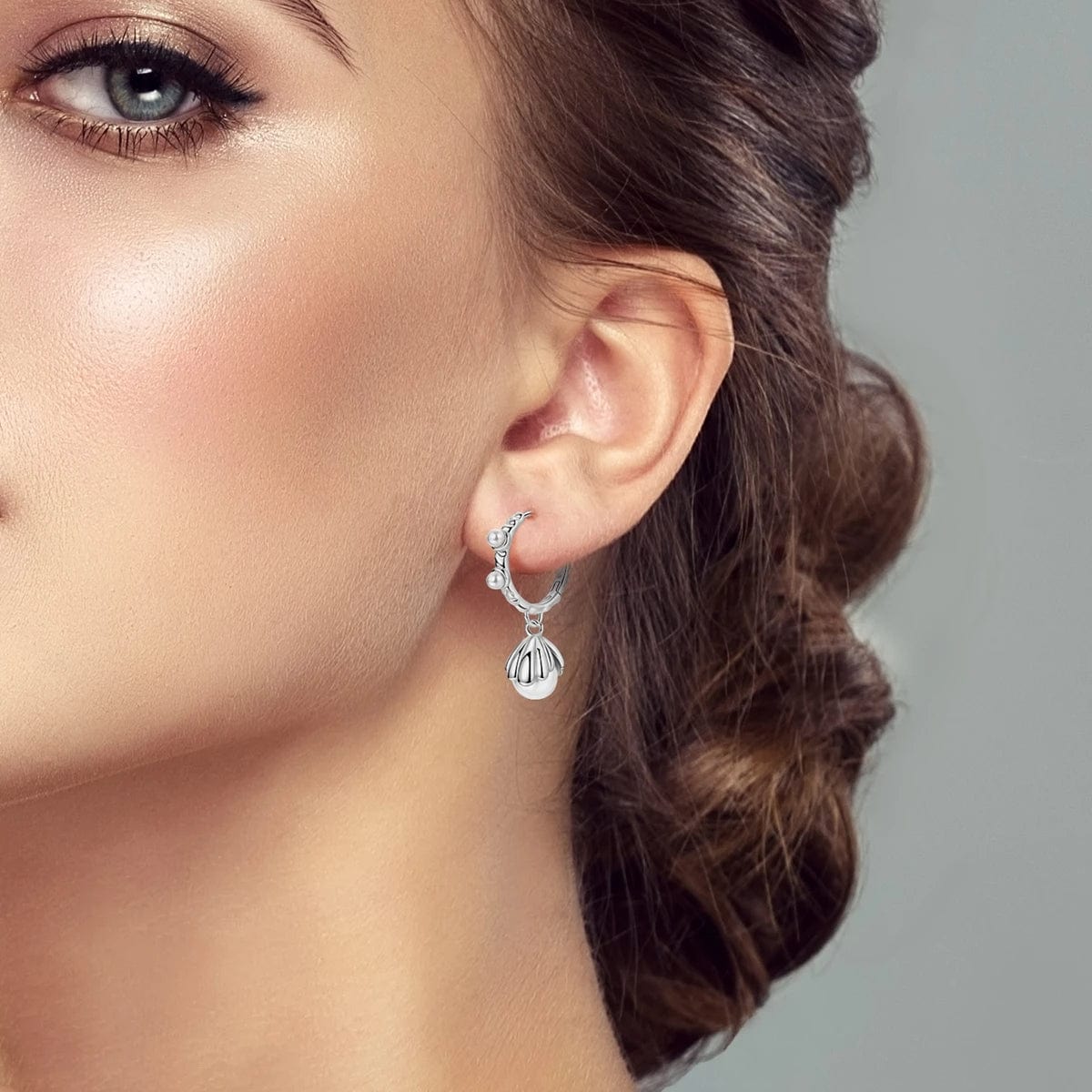 Pearl Drop Hoop Earrings with Floral Shell Design