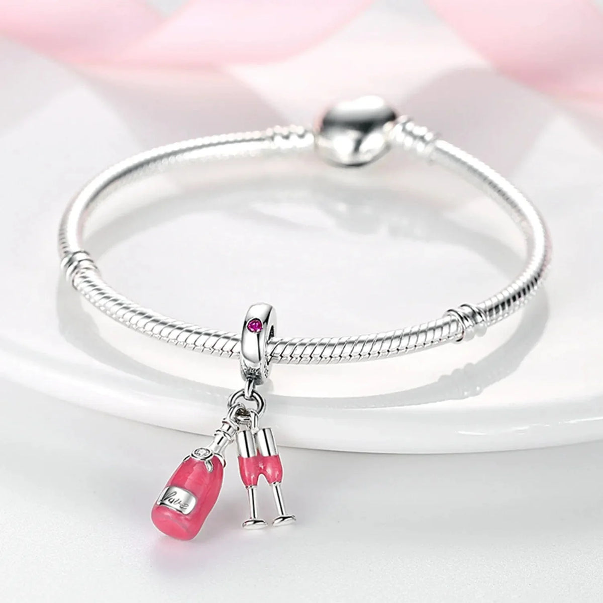 Pink Champagne Bottle and Glasses Celebration Charm