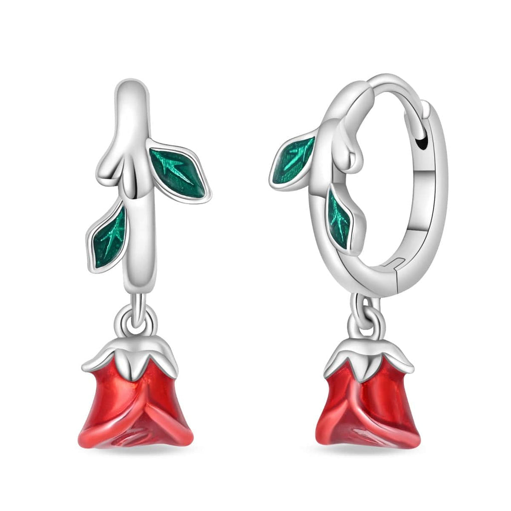 Romantic Red Rose Drop Earrings with Enamel Leaves