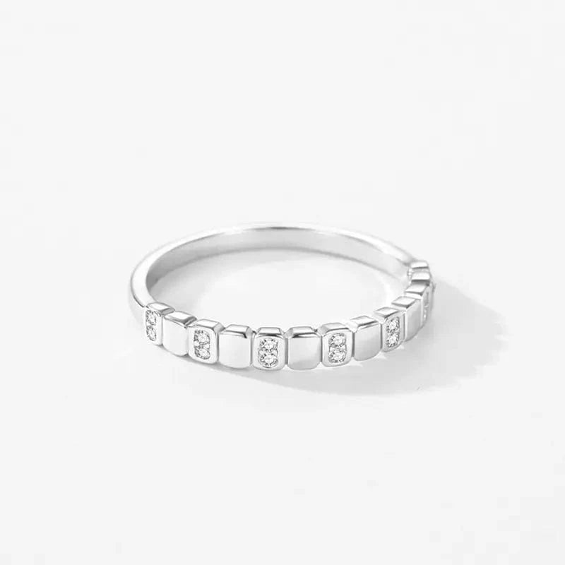 Square Design Sterling Silver Band Ring with Clear Crystals