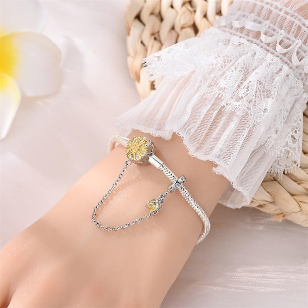 Sunflower Charm Bracelet with Safety Chain and Dangle