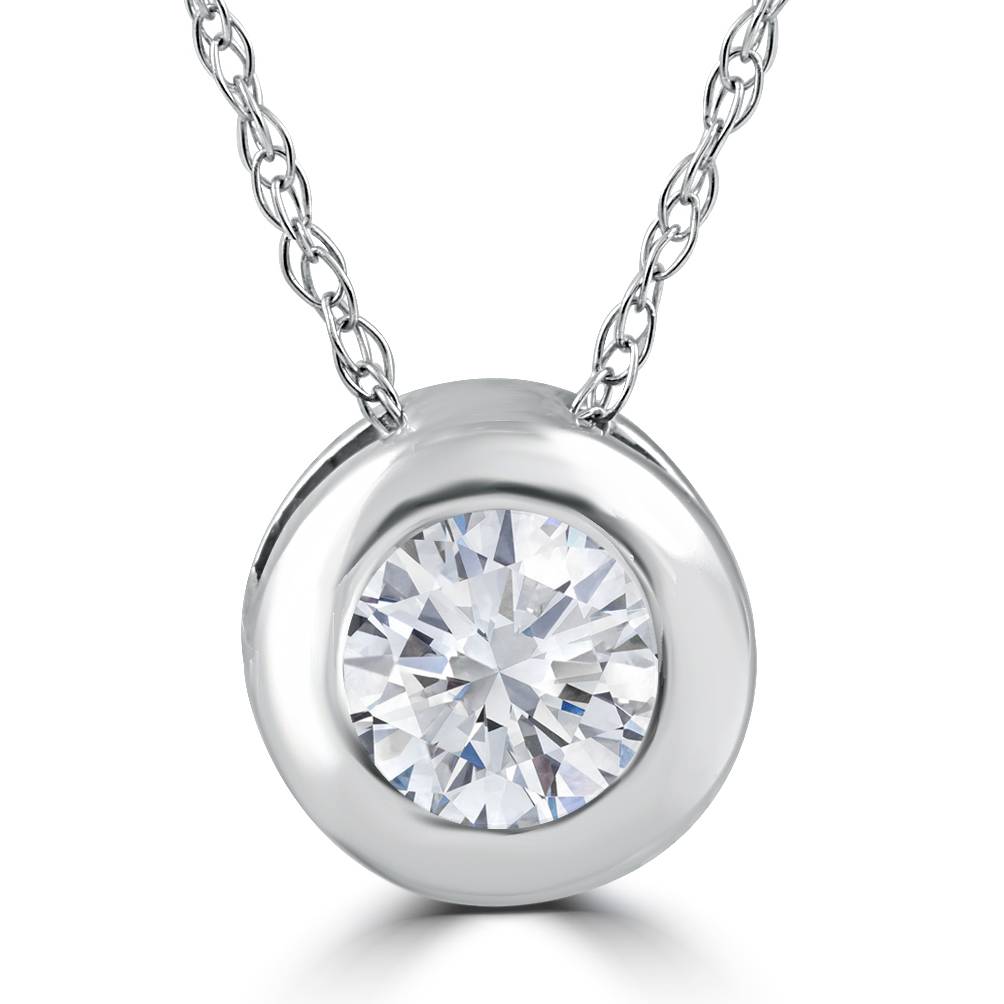 1/3ct Round Bezel Solitaire Diamond Pendant Necklace 14K White Gold